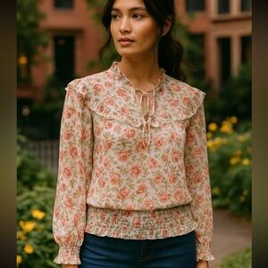 Inc International Concepts Floral Print Chiffon Ruffle Smocked Hem Blouse